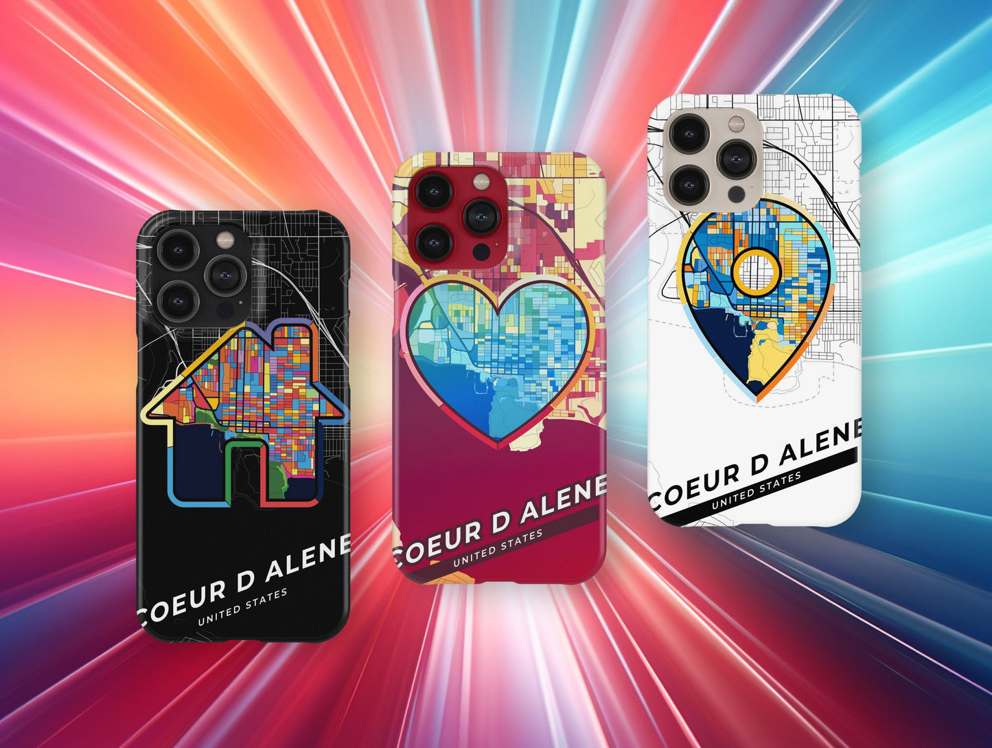 Coeur D Alene Idaho slim phone case with colorful icon. Birthday, wedding or housewarming gift. Couple match cases.