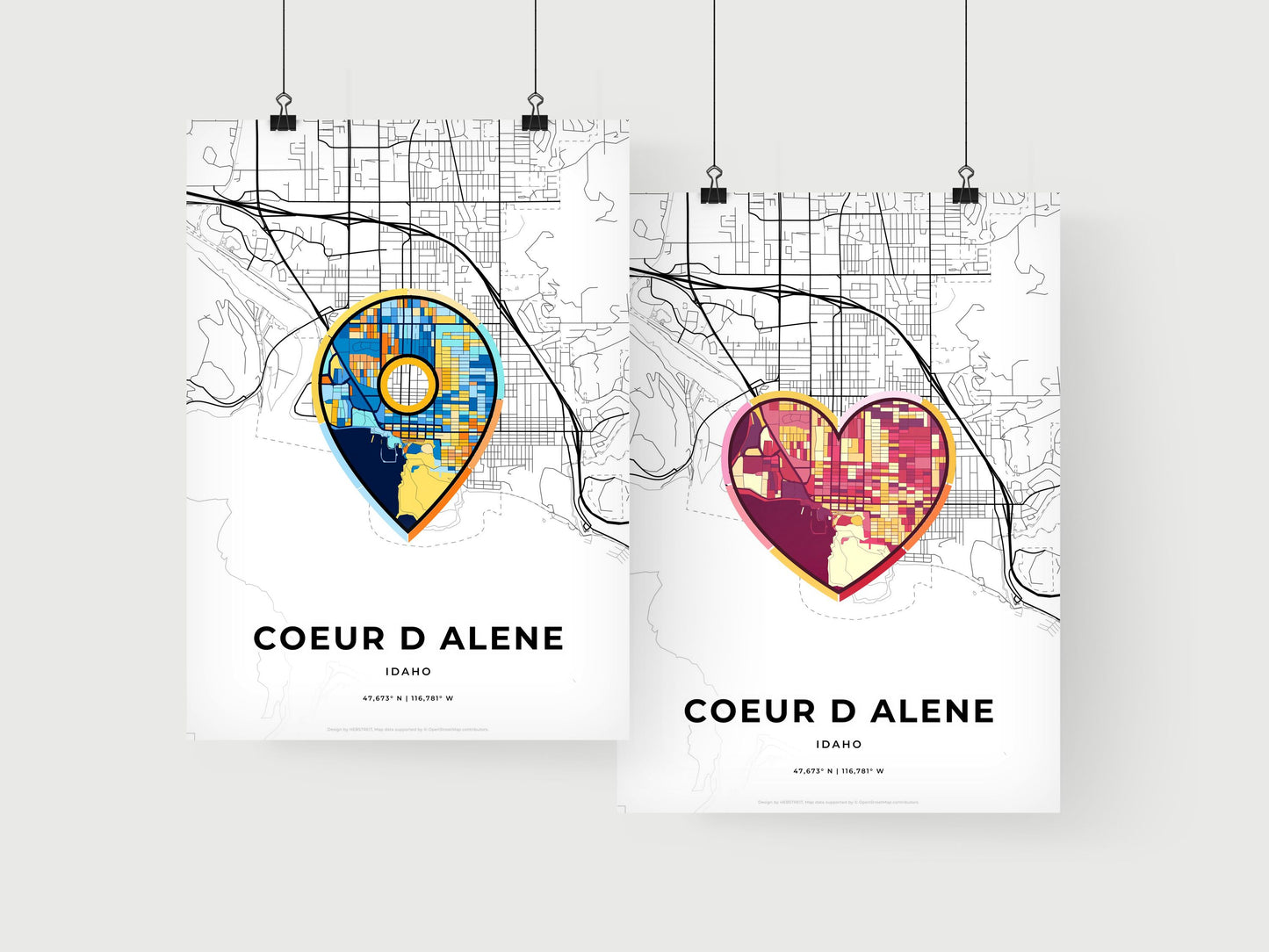 COEUR D ALENE IDAHO minimal art map with a colorful icon. Where it all began, Couple map gift.