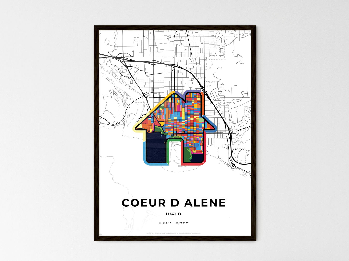 COEUR D ALENE IDAHO minimal art map with a colorful icon. Where it all began, Couple map gift. Style 3