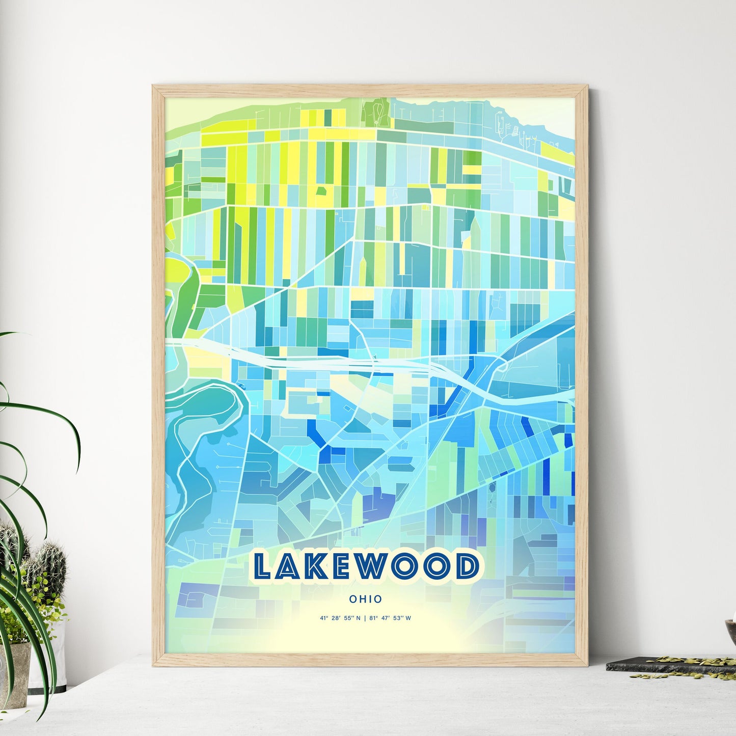 Colorful LAKEWOOD OHIO Fine Art Map Cool Blue