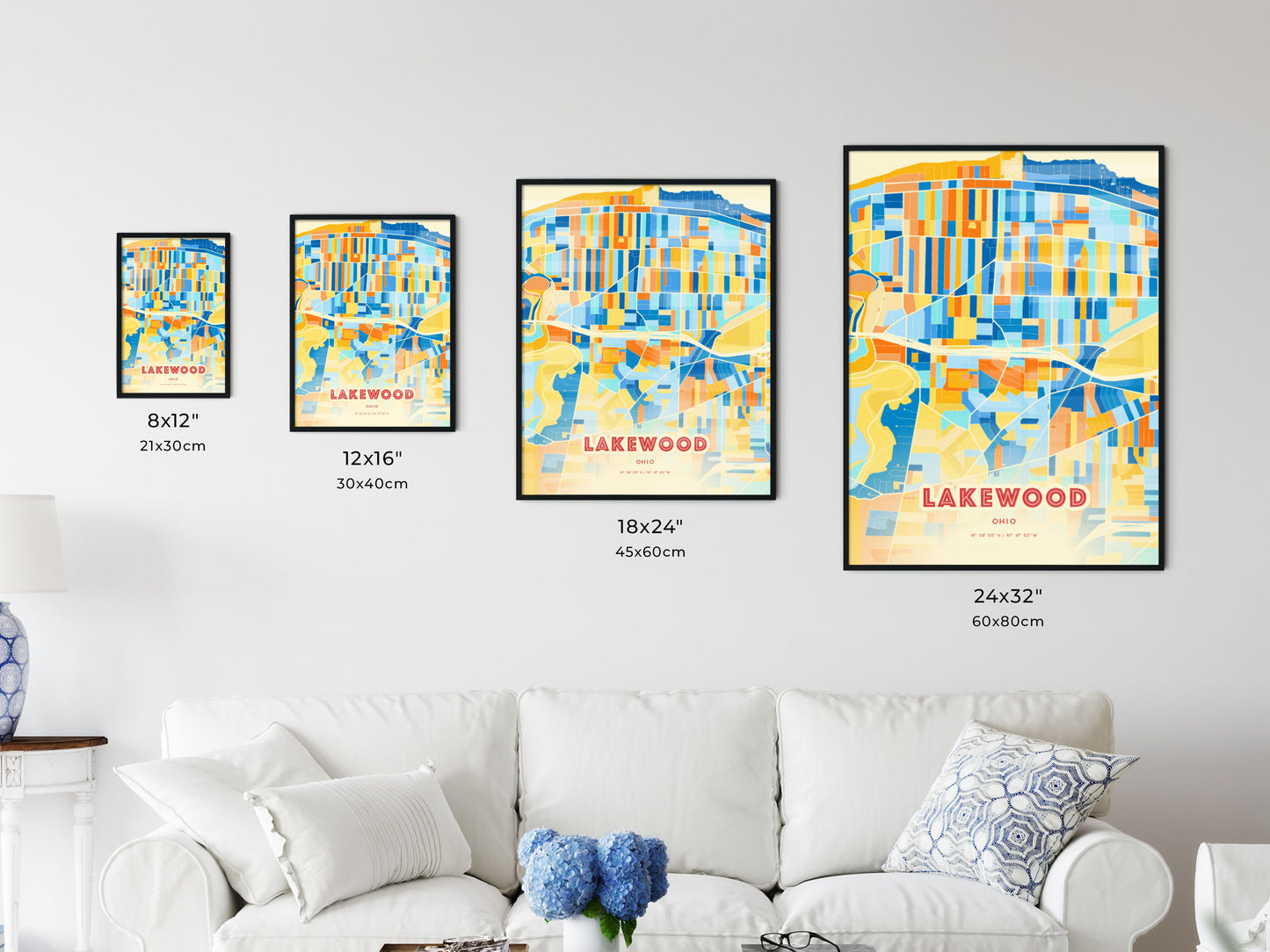 Colorful LAKEWOOD OHIO Fine Art Map Blue Orange