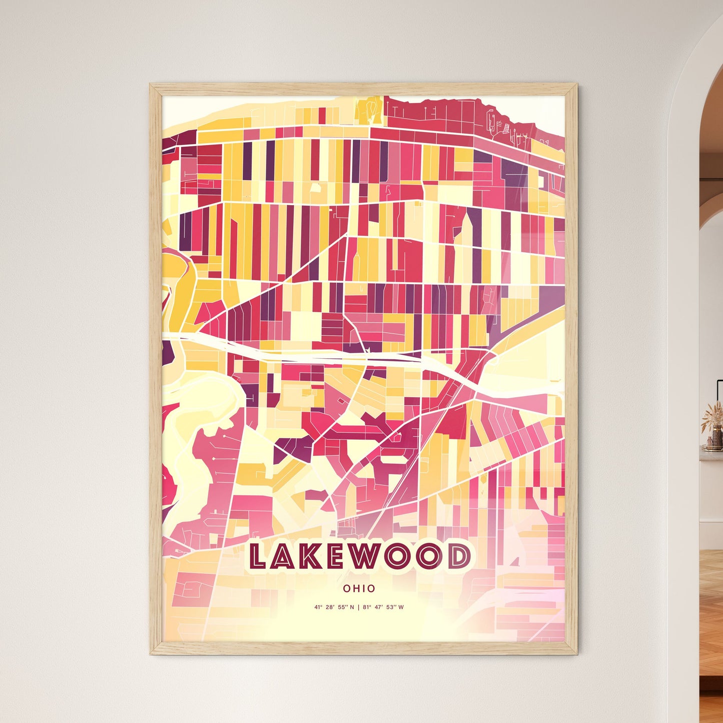 Colorful LAKEWOOD OHIO Fine Art Map Hot Red