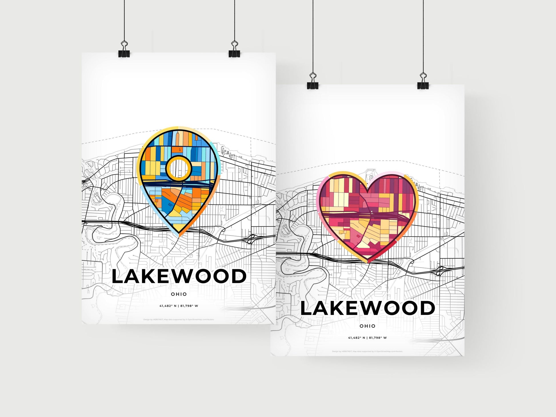 LAKEWOOD OHIO minimal art map with a colorful icon. Where it all began, Couple map gift.