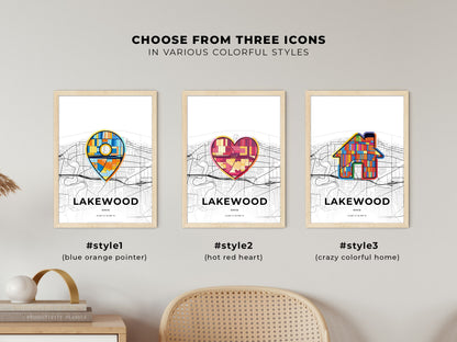 LAKEWOOD OHIO minimal art map with a colorful icon. Where it all began, Couple map gift.