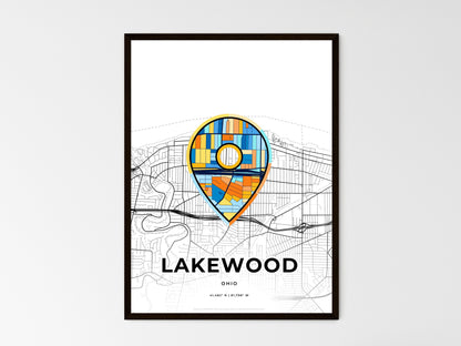 LAKEWOOD OHIO minimal art map with a colorful icon. Where it all began, Couple map gift. Style 1