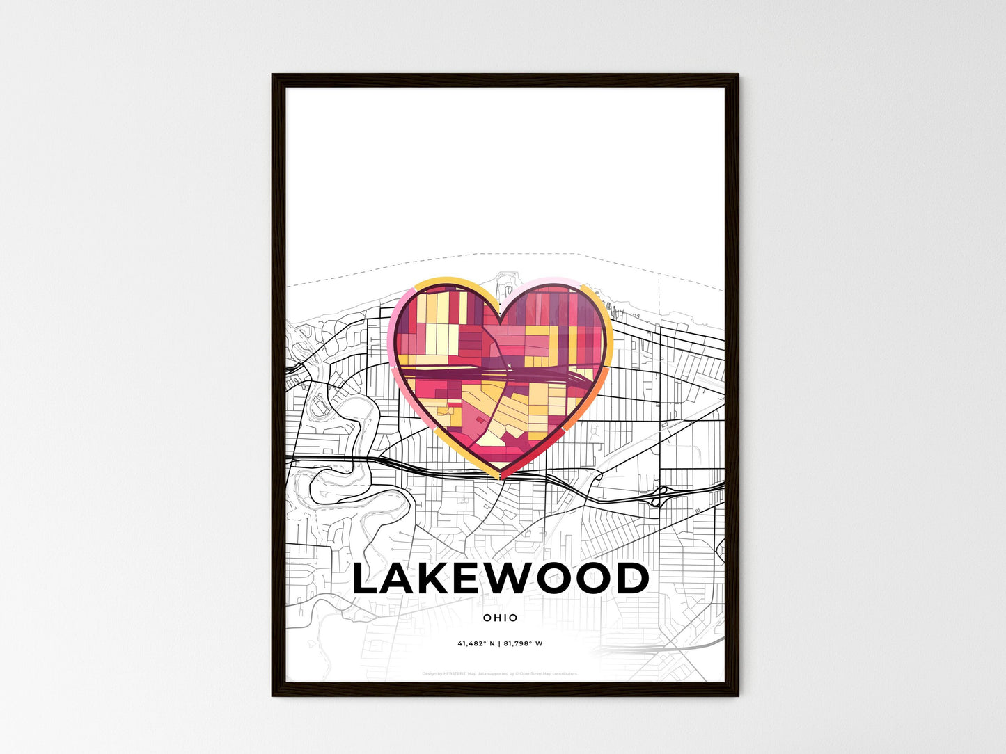 LAKEWOOD OHIO minimal art map with a colorful icon. Where it all began, Couple map gift. Style 2