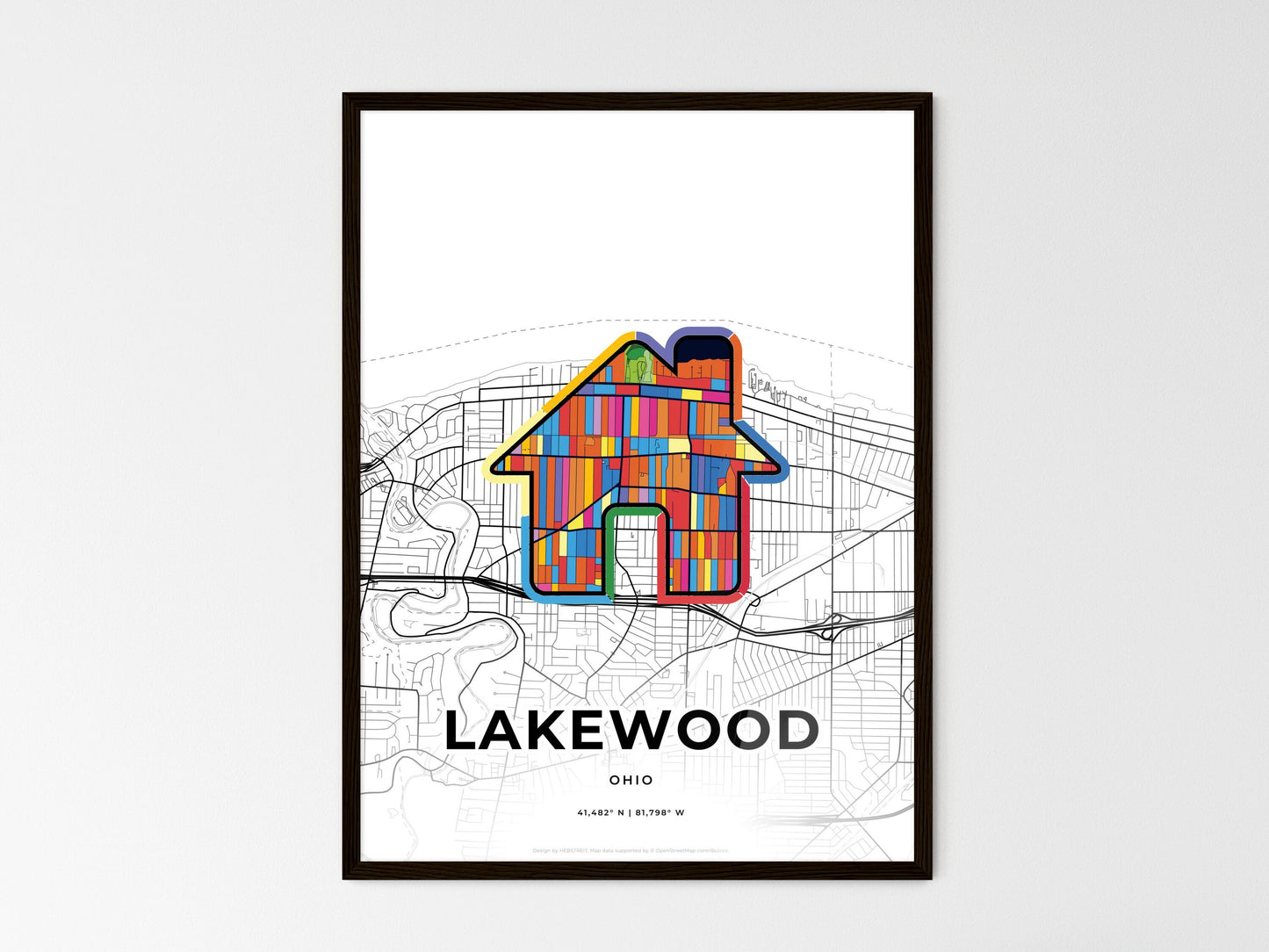 LAKEWOOD OHIO minimal art map with a colorful icon. Where it all began, Couple map gift. Style 3