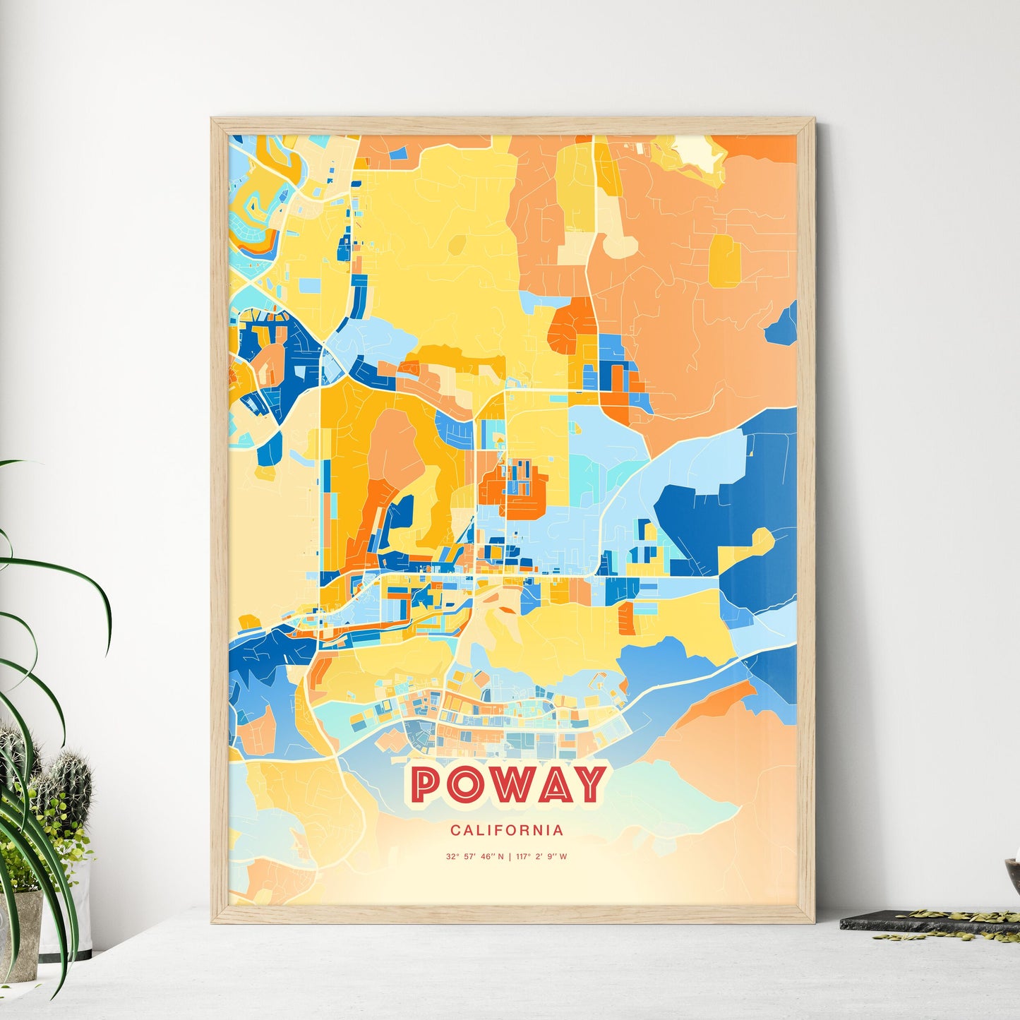 Colorful POWAY CALIFORNIA Fine Art Map Blue Orange