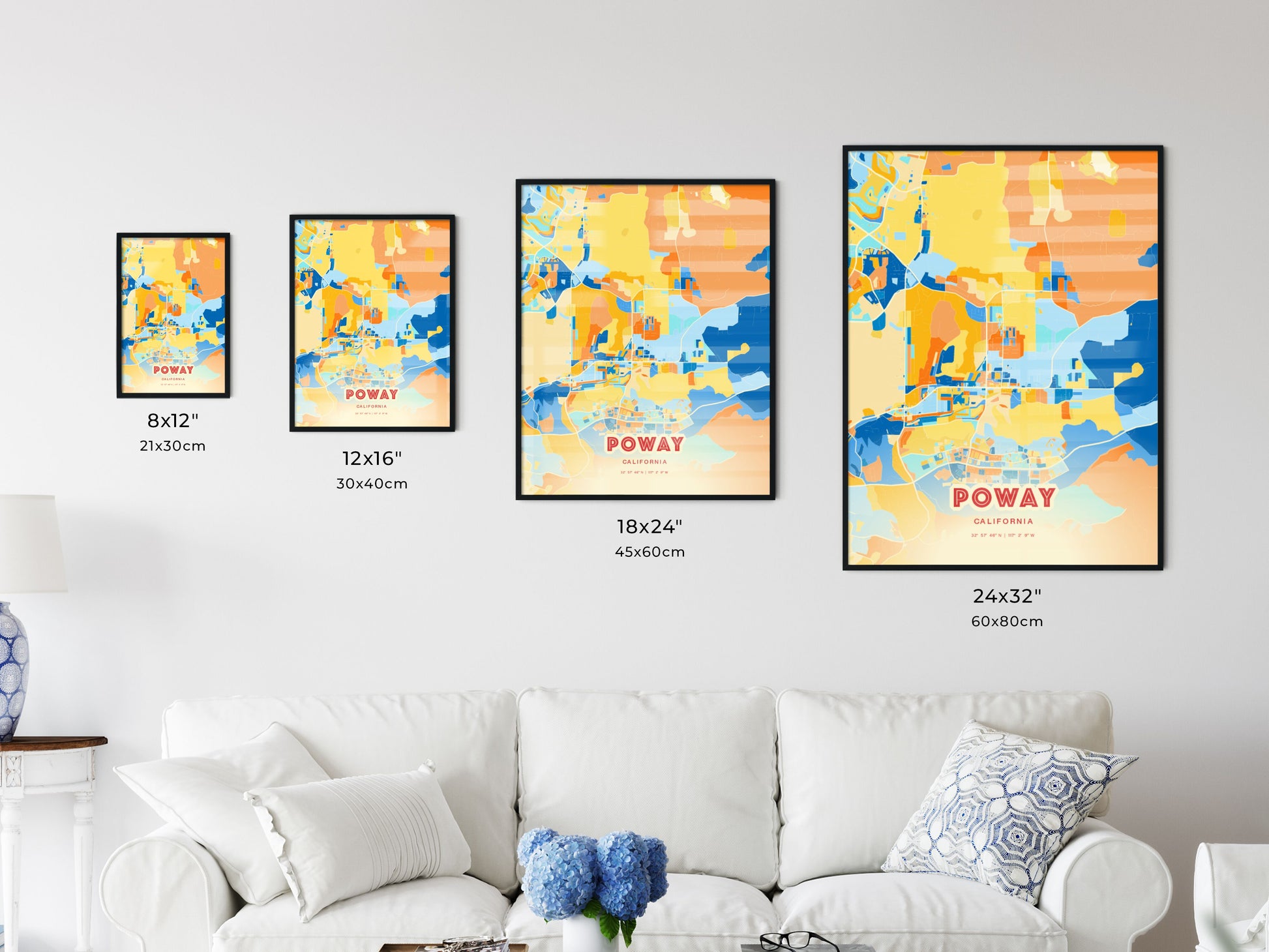 Colorful POWAY CALIFORNIA Fine Art Map Blue Orange