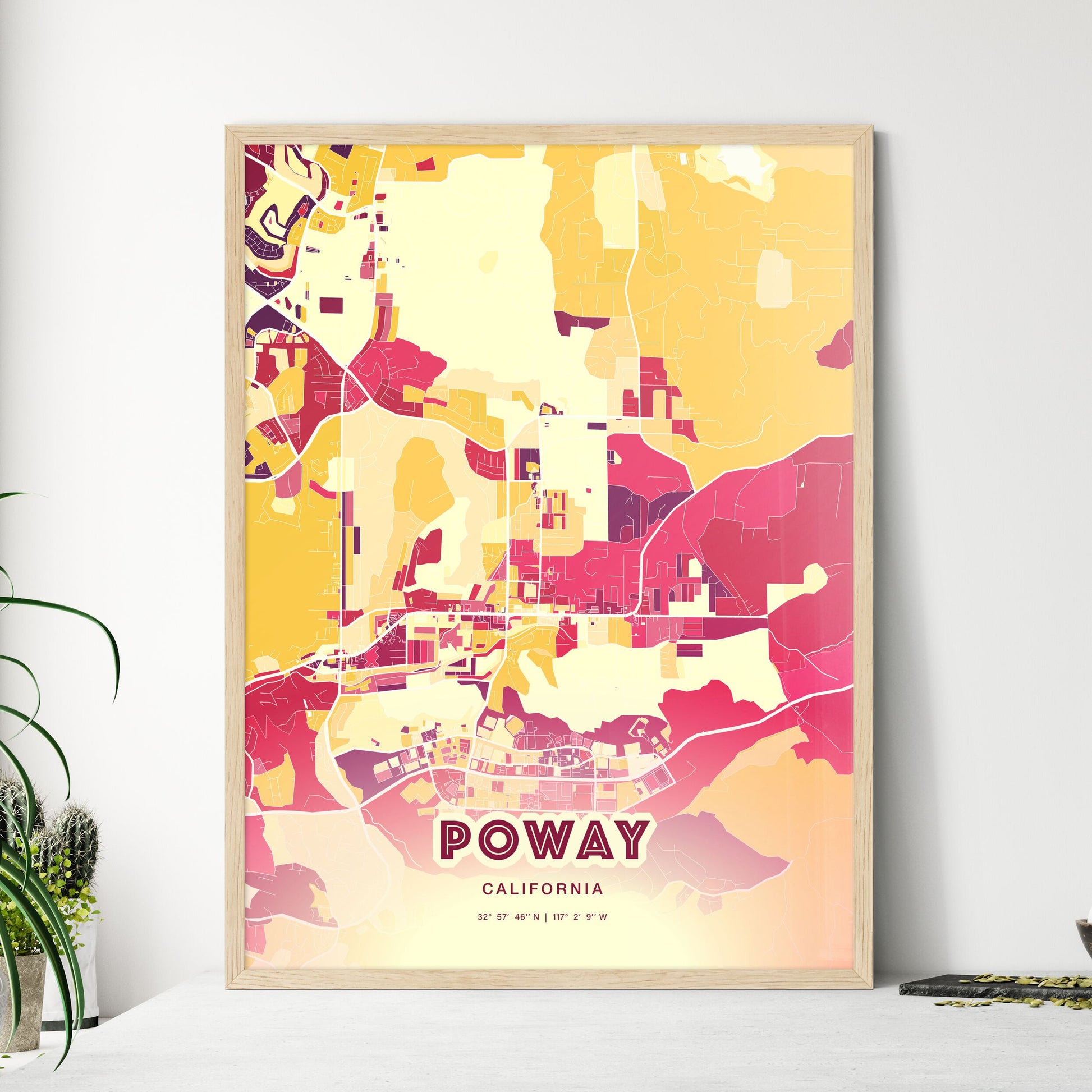 Colorful POWAY CALIFORNIA Fine Art Map Hot Red