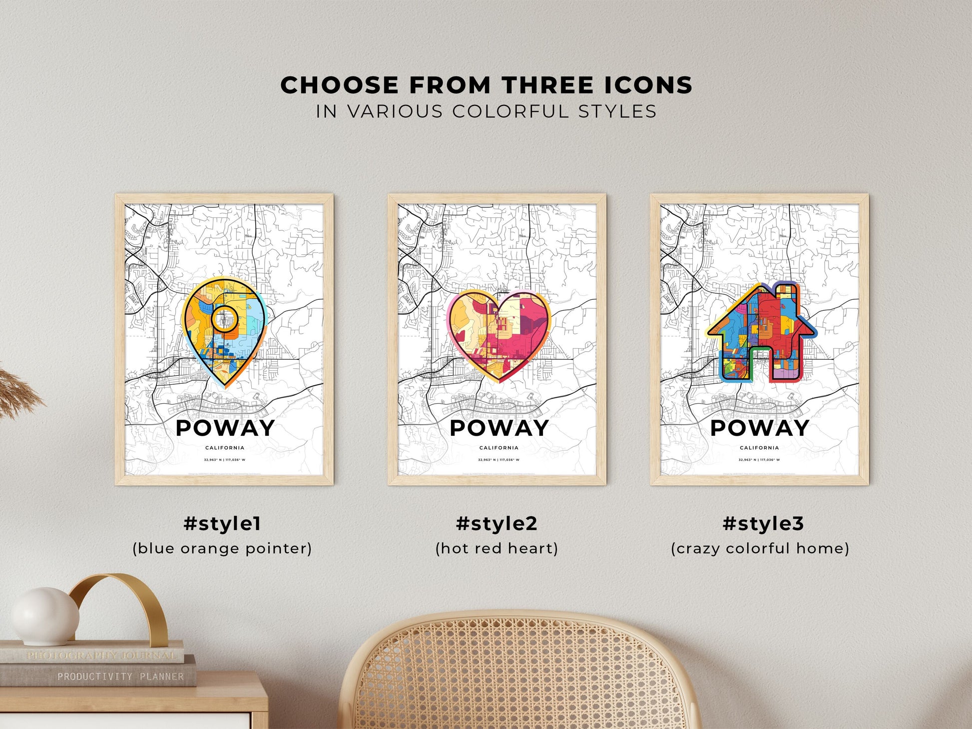 POWAY CALIFORNIA minimal art map with a colorful icon.