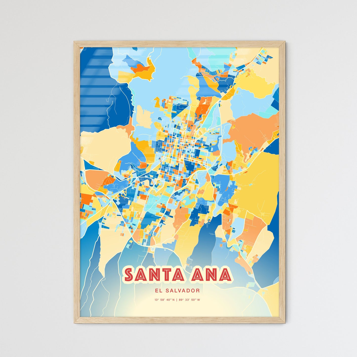 Colorful SANTA ANA EL SALVADOR Fine Art Map Blue Orange