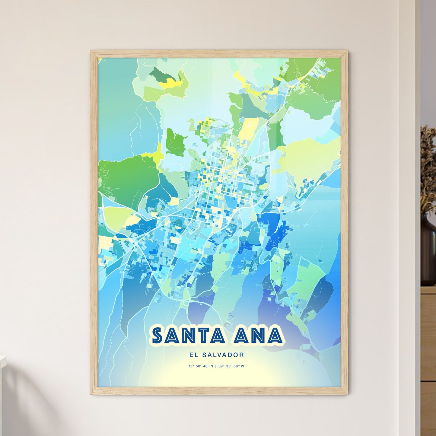 Colorful SANTA ANA EL SALVADOR Fine Art Map Cool Blue