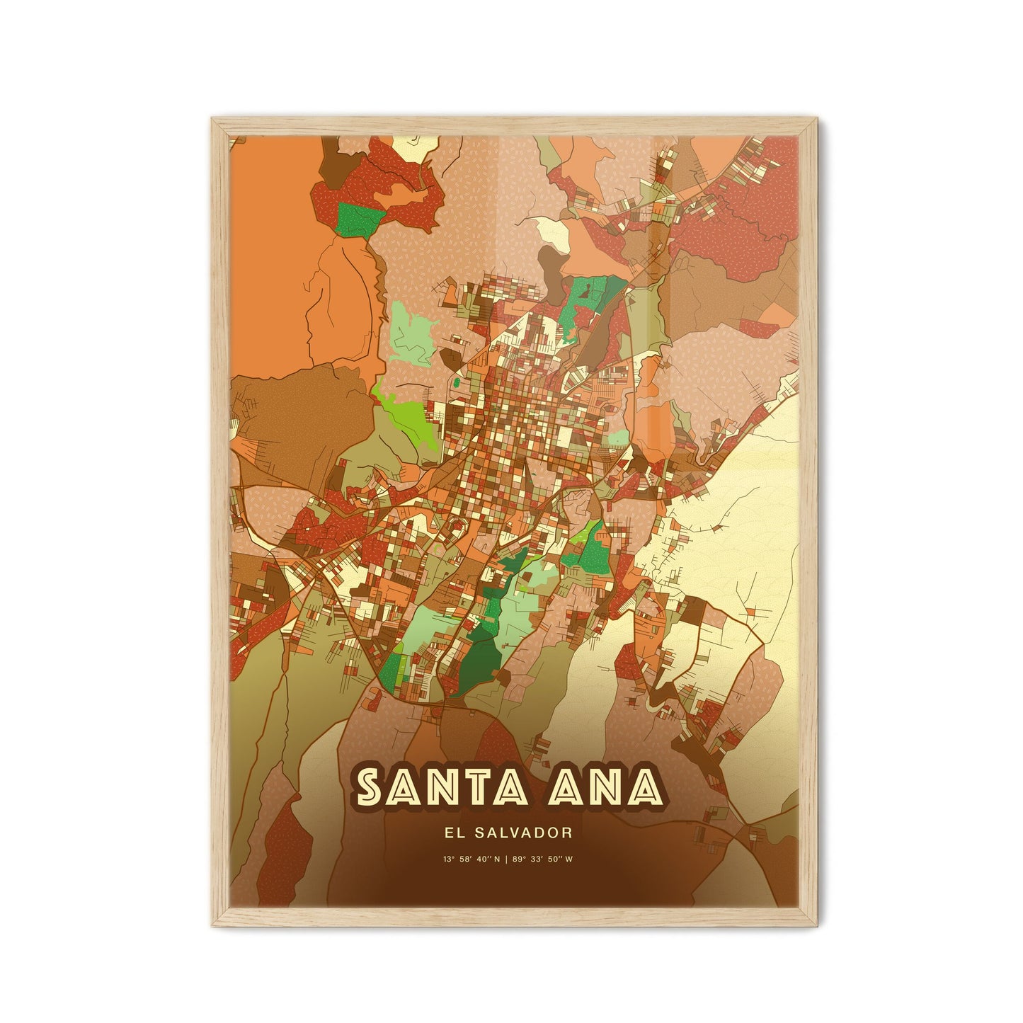 Colorful SANTA ANA EL SALVADOR Fine Art Map Farmhouse