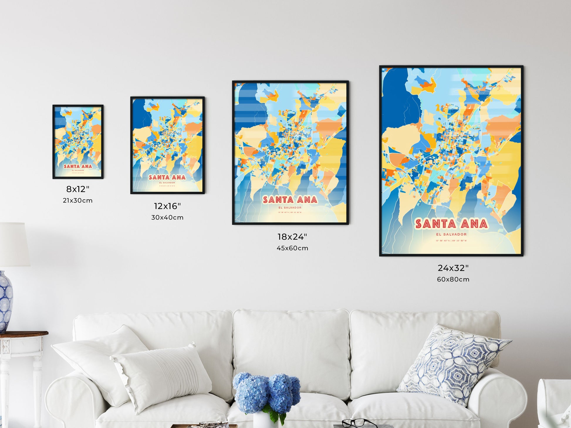 Colorful SANTA ANA EL SALVADOR Fine Art Map Blue Orange