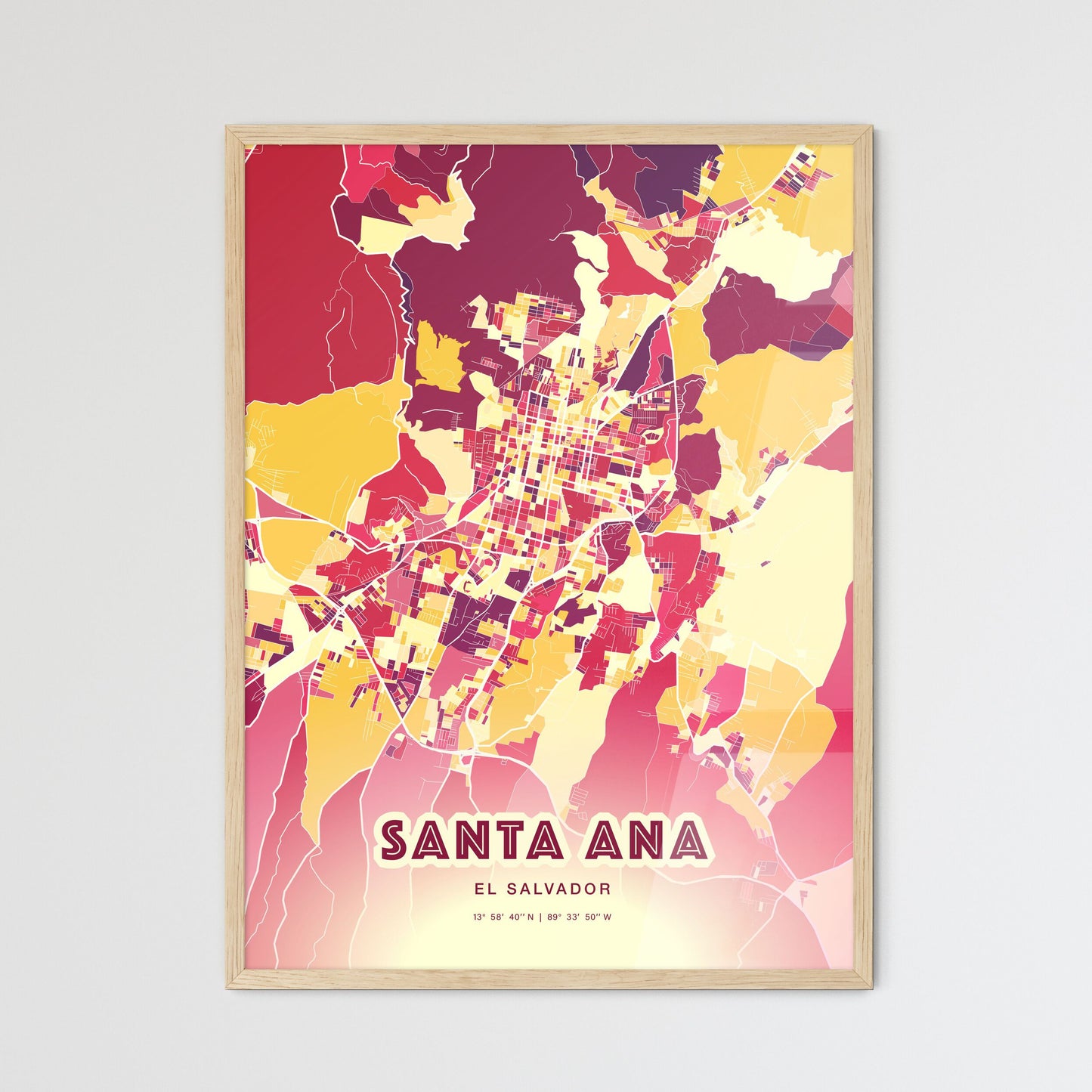 Colorful SANTA ANA EL SALVADOR Fine Art Map Hot Red