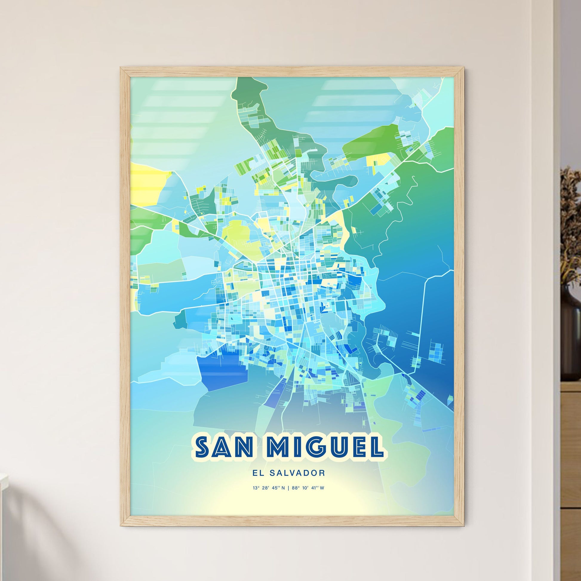 Colorful SAN MIGUEL EL SALVADOR Fine Art Map Cool Blue