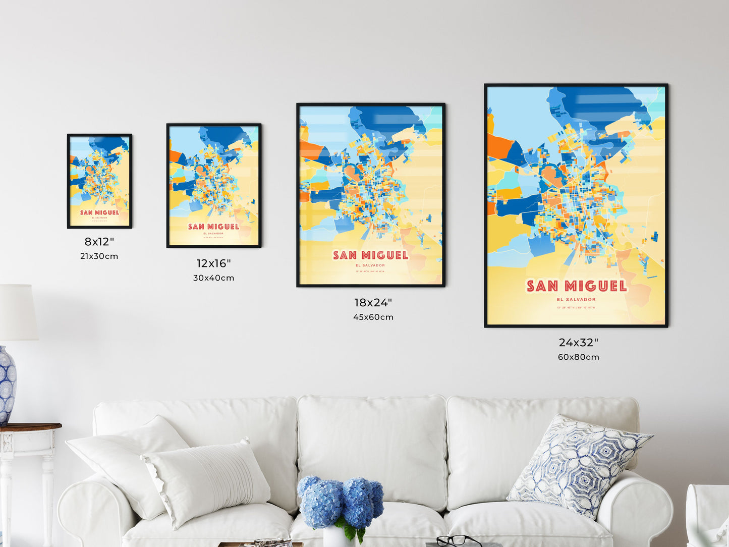 Colorful SAN MIGUEL EL SALVADOR Fine Art Map Blue Orange