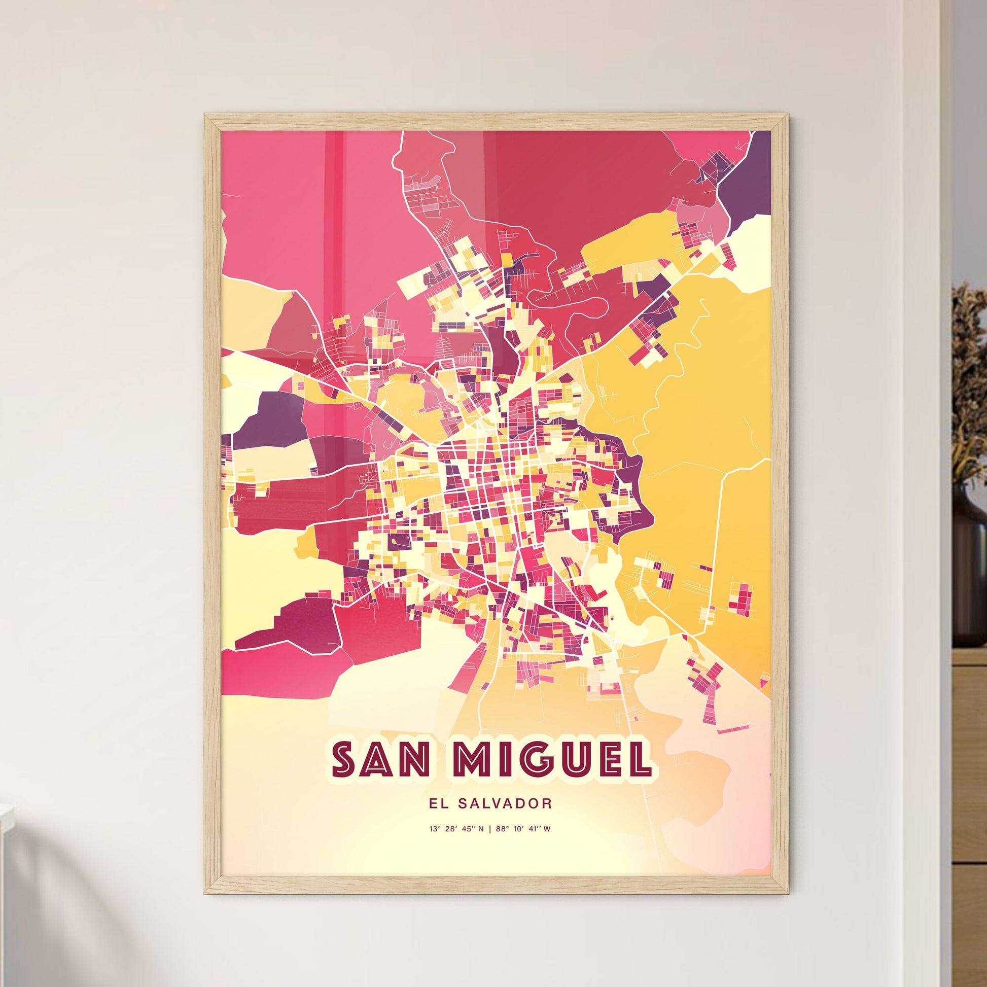 Colorful SAN MIGUEL EL SALVADOR Fine Art Map Hot Red