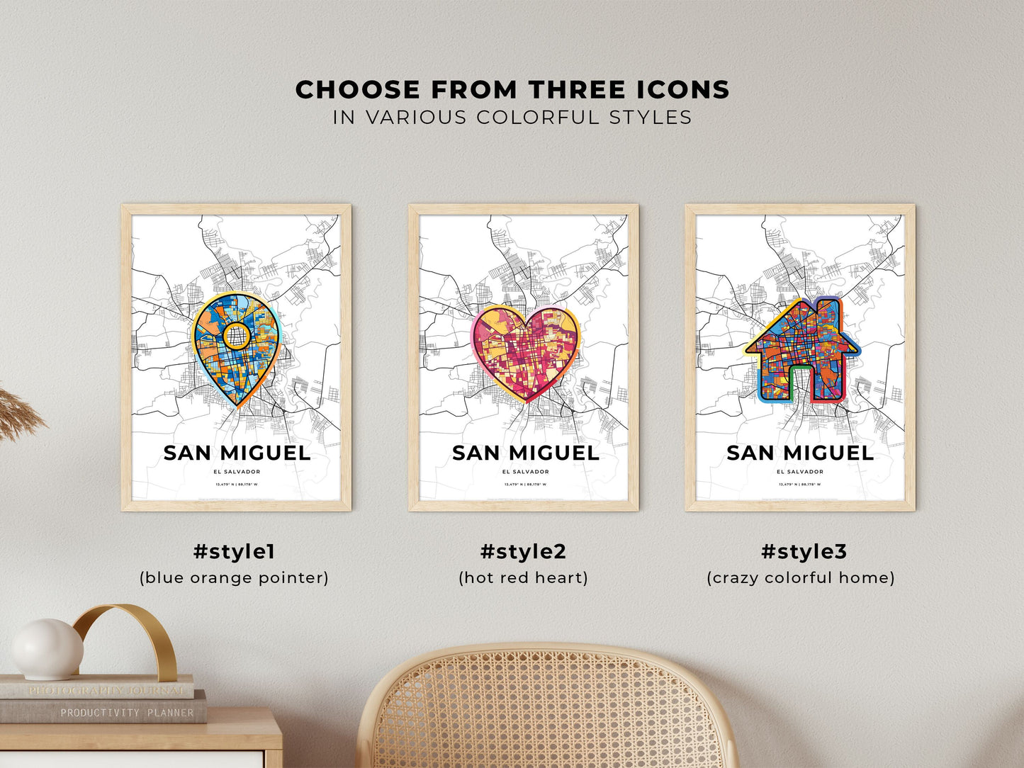 SAN MIGUEL EL SALVADOR minimal art map with a colorful icon.