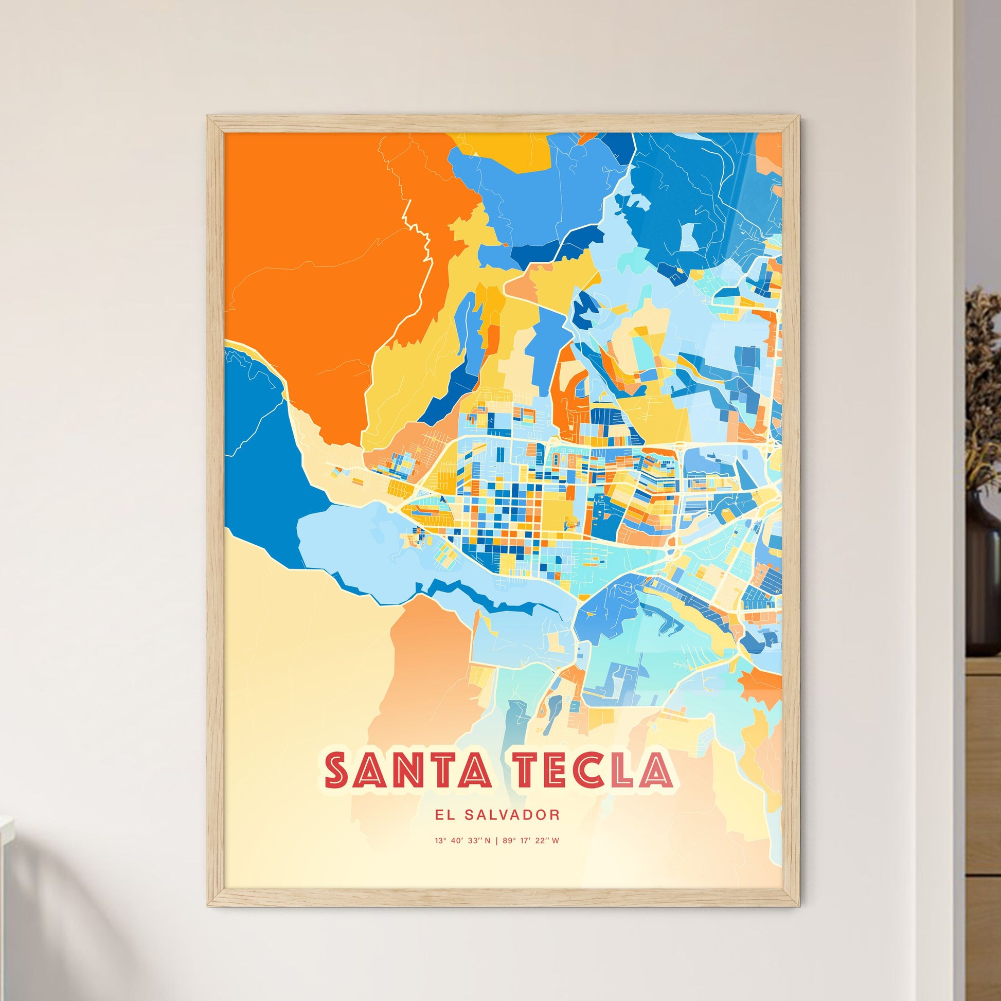 Colorful SANTA TECLA EL SALVADOR Fine Art Map Blue Orange