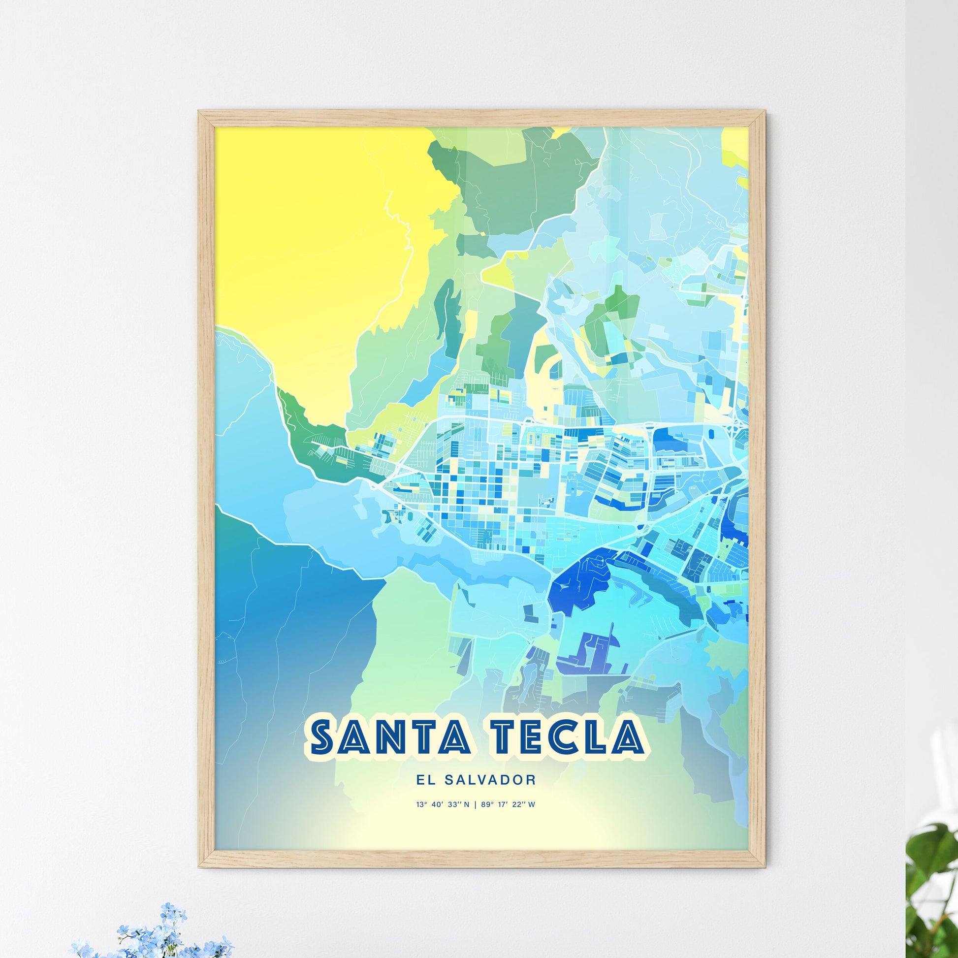 Colorful SANTA TECLA EL SALVADOR Fine Art Map Cool Blue