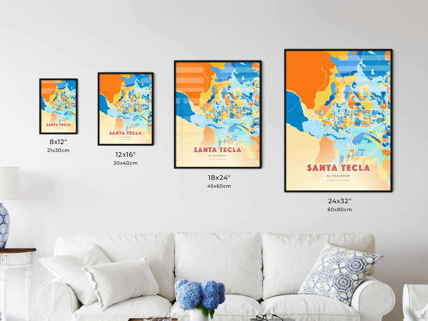 Colorful SANTA TECLA EL SALVADOR Fine Art Map Blue Orange