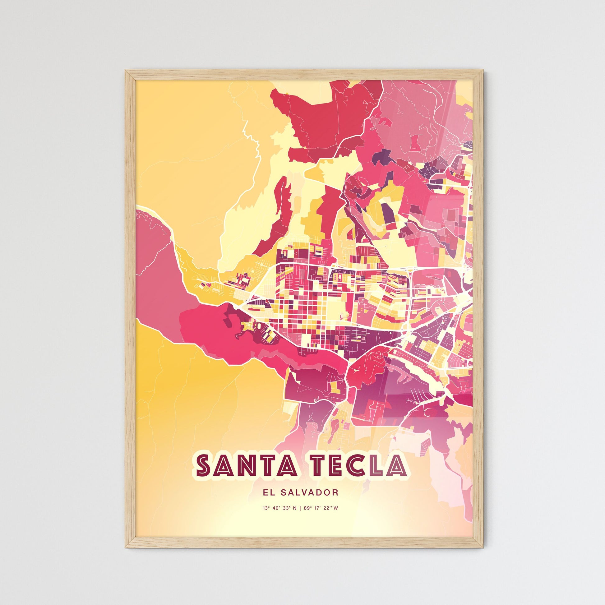 Colorful SANTA TECLA EL SALVADOR Fine Art Map Hot Red