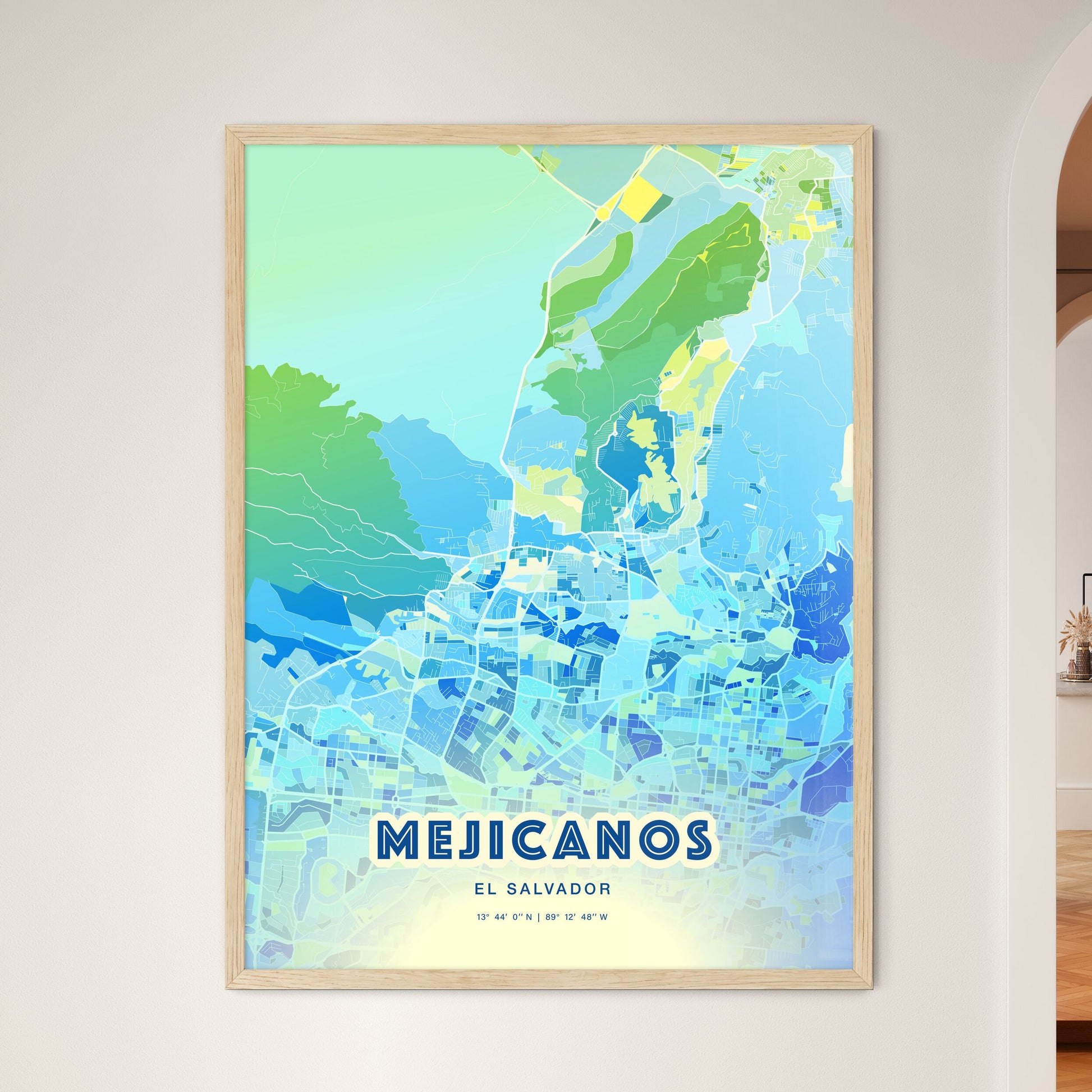 Colorful MEJICANOS EL SALVADOR Fine Art Map Cool Blue