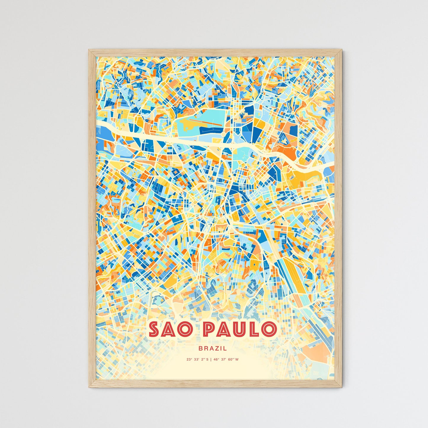 Colorful Sao Paulo Brazil Fine Art Map Blue Orange