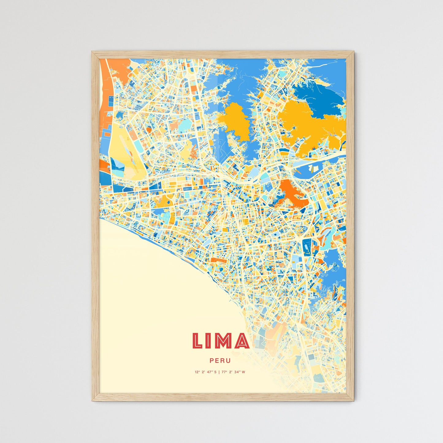 Colorful Lima Peru Fine Art Map Blue Orange