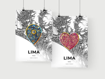 LIMA PERU minimal art map with a colorful icon. Where it all began, Couple map gift.