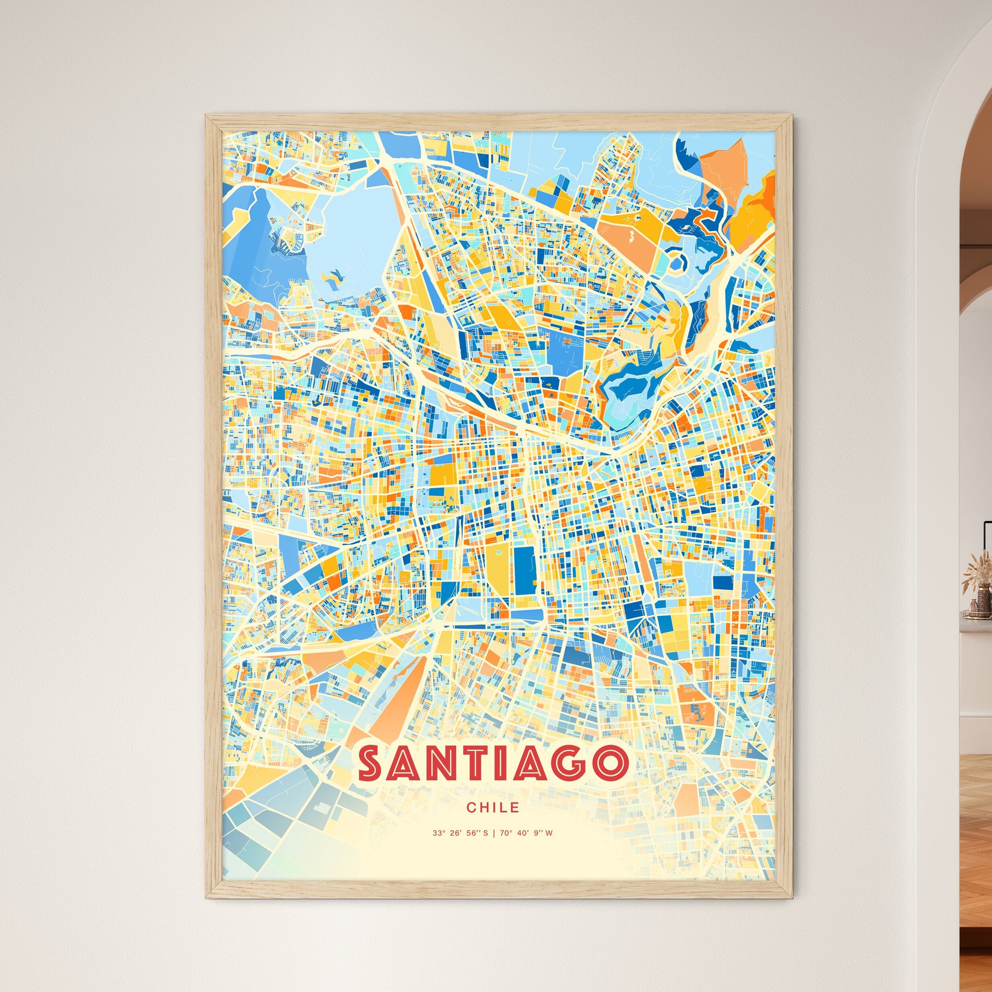 Colorful Santiago Chile Fine Art Map Blue Orange