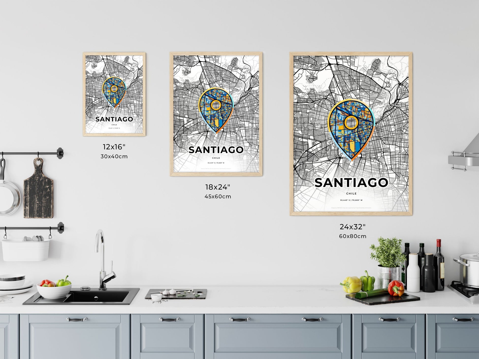 SANTIAGO CHILE minimal art map with a colorful icon.
