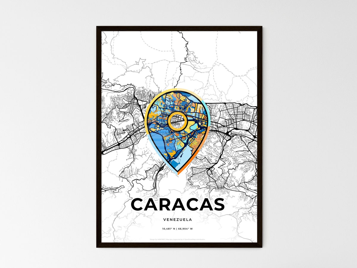 Caracas Venezuela wedding art map with pointer icon