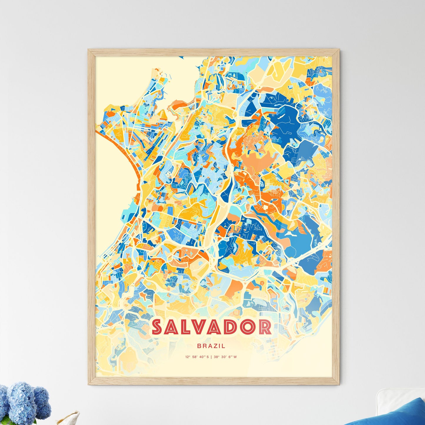 Colorful Salvador Brazil Fine Art Map Blue Orange