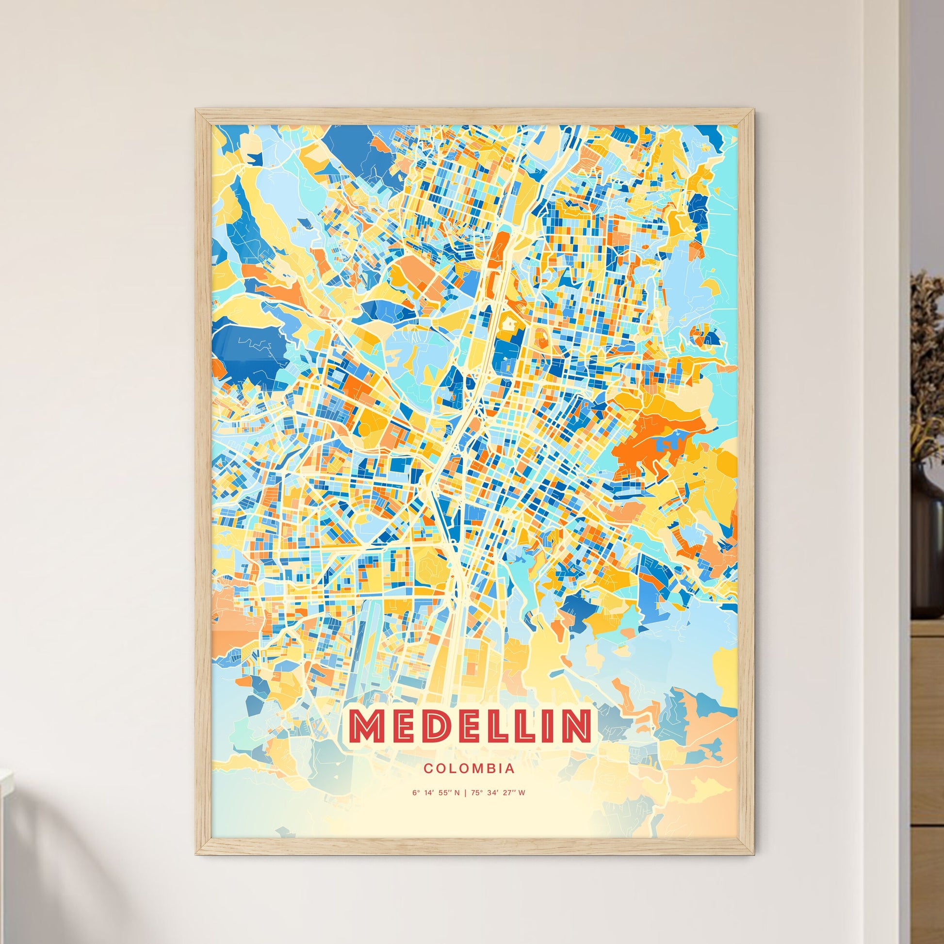 Colorful Medellin Colombia Fine Art Map Blue Orange