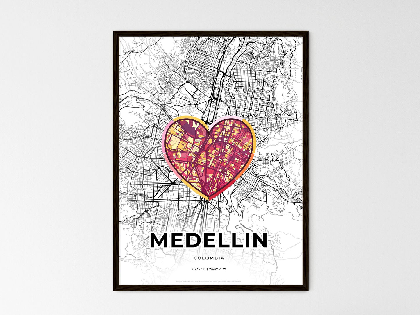 Medellin Colombia wedding art map with heart icon
