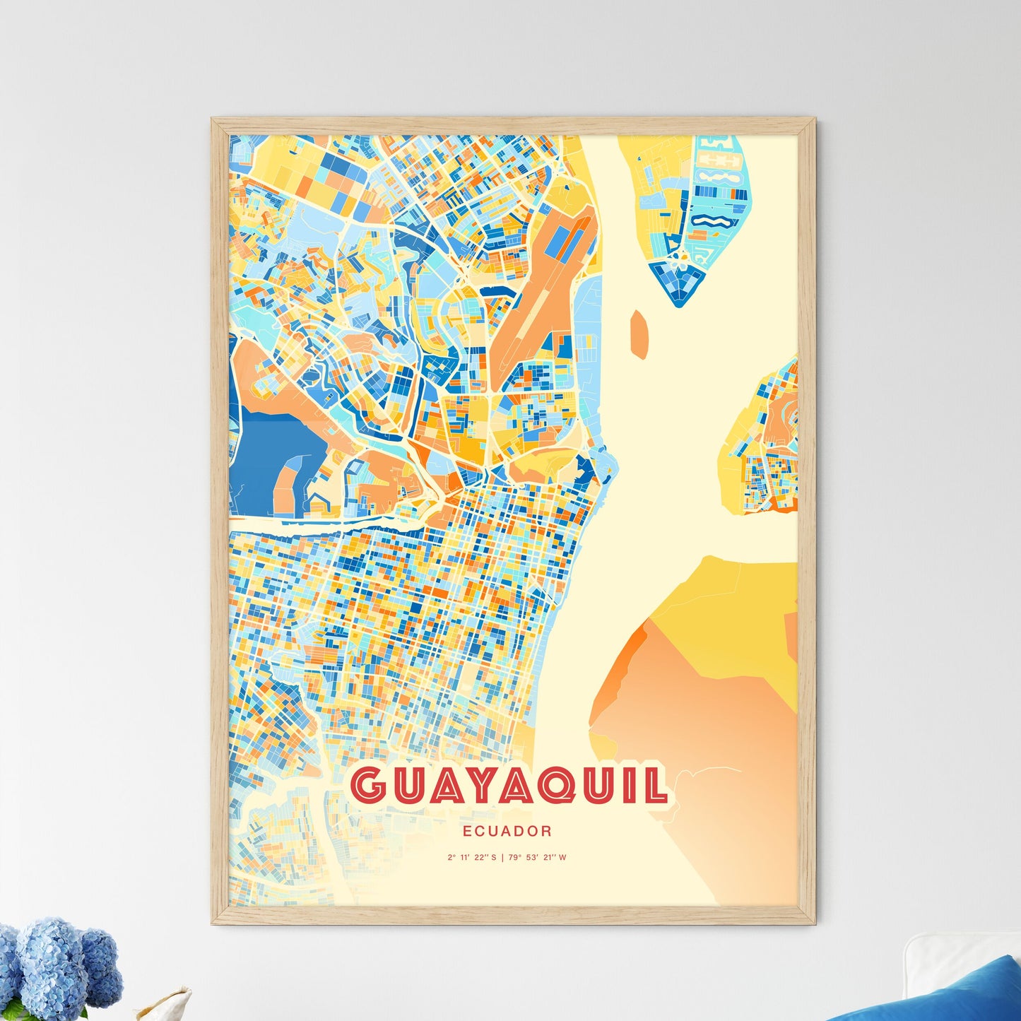 Colorful Guayaquil Ecuador Fine Art Map Blue Orange