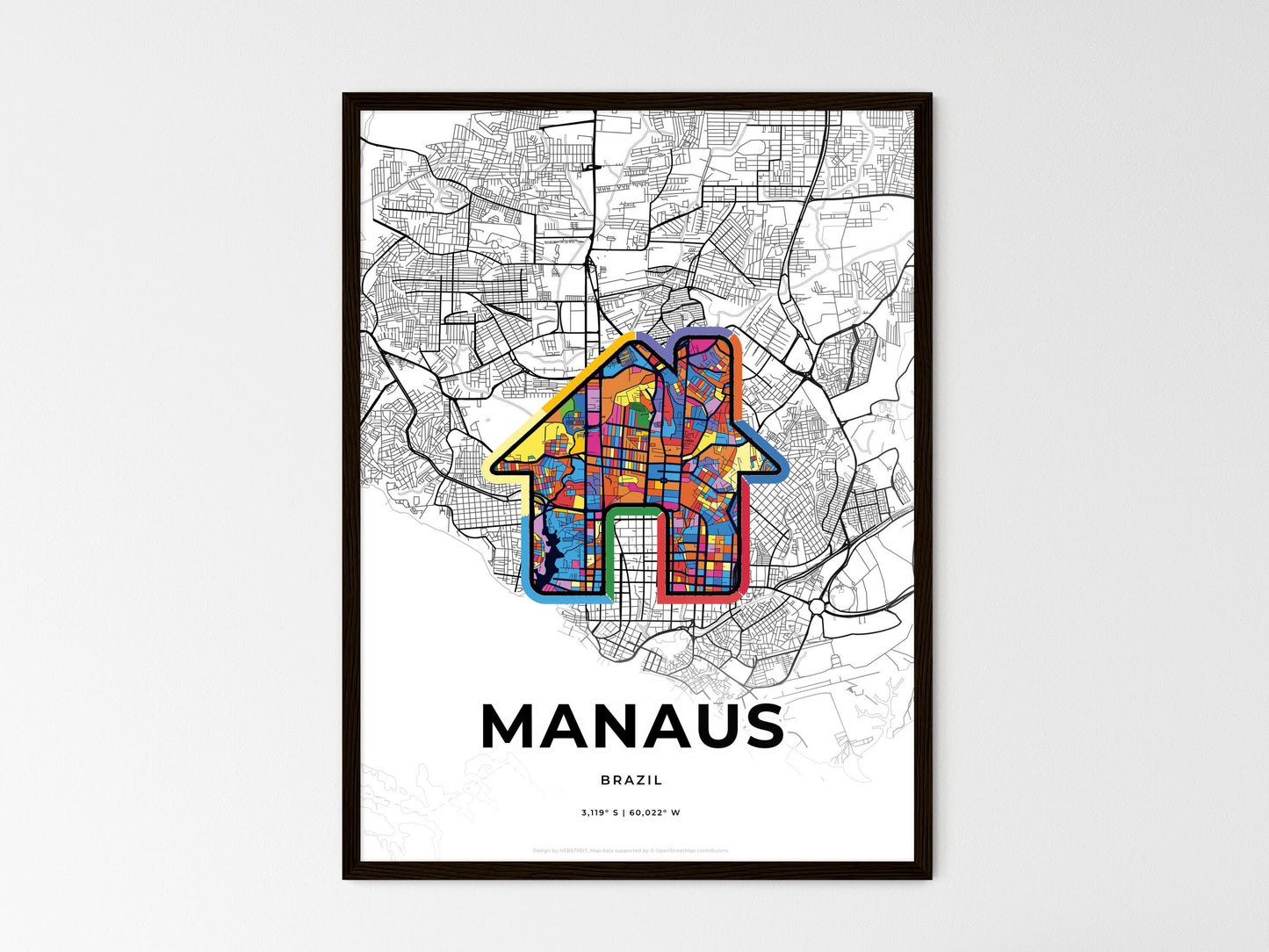 MANAUS BRAZIL minimal art map with a colorful icon. Where it all began, Couple map gift. Style 3