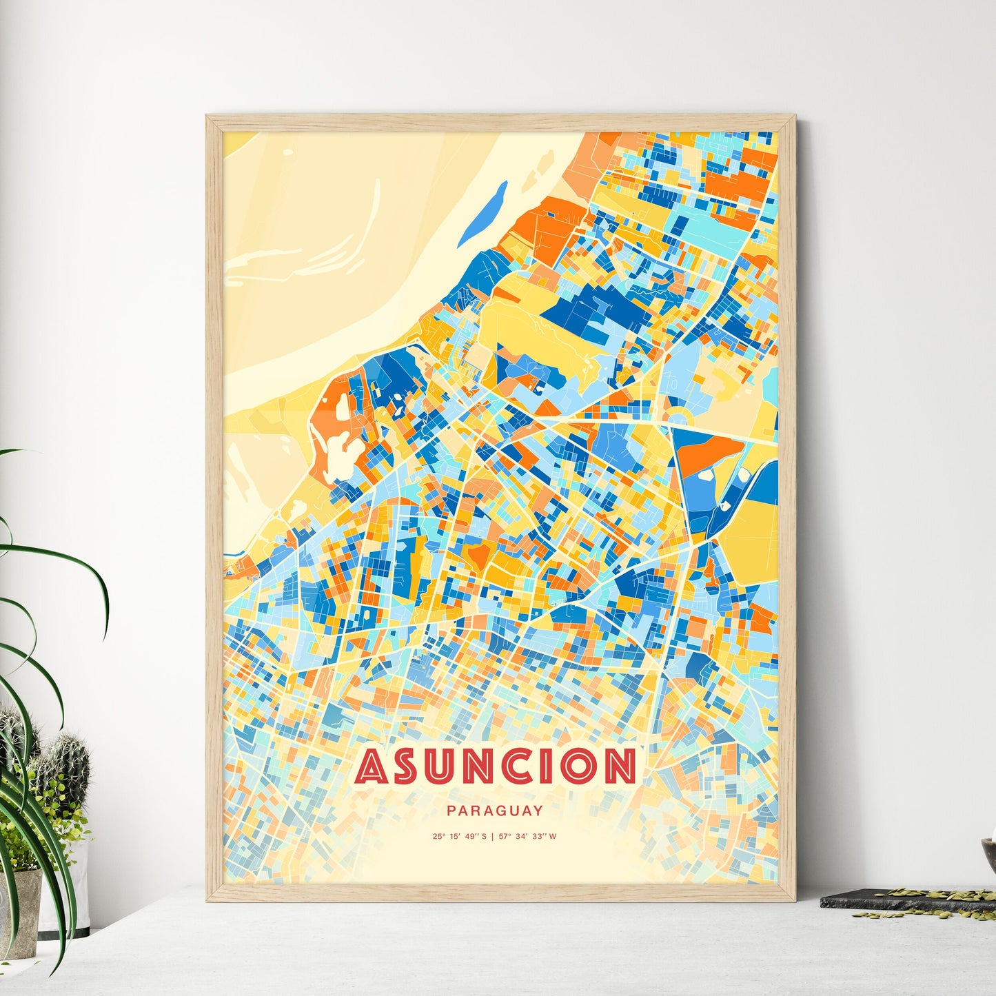 Colorful Asuncion Paraguay Fine Art Map Blue Orange