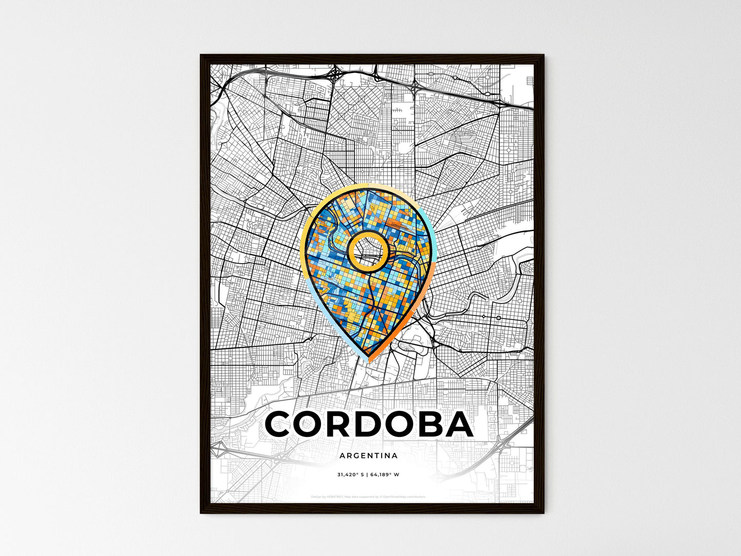 Cordoba Argentina wedding art map with pointer icon