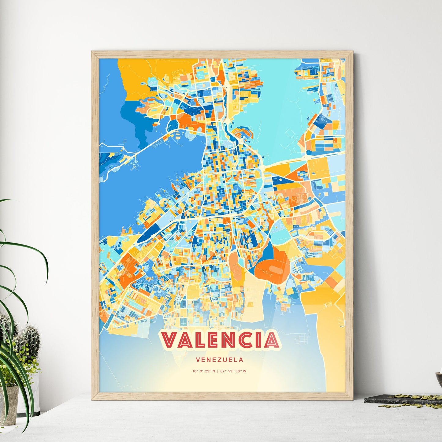Colorful Valencia Venezuela Fine Art Map Blue Orange