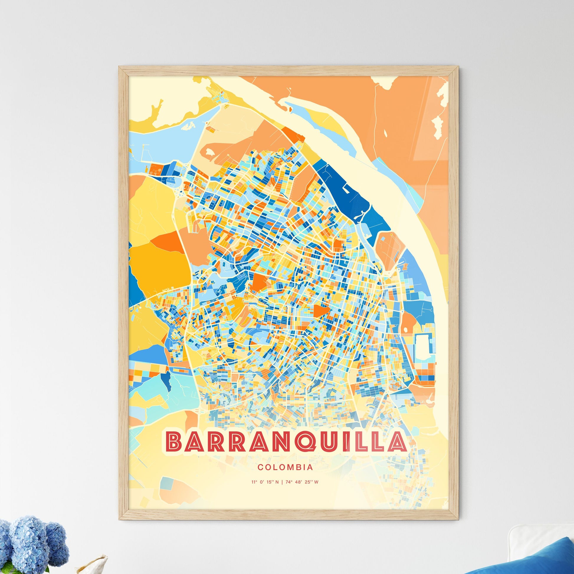 Colorful Barranquilla Colombia Fine Art Map Blue Orange