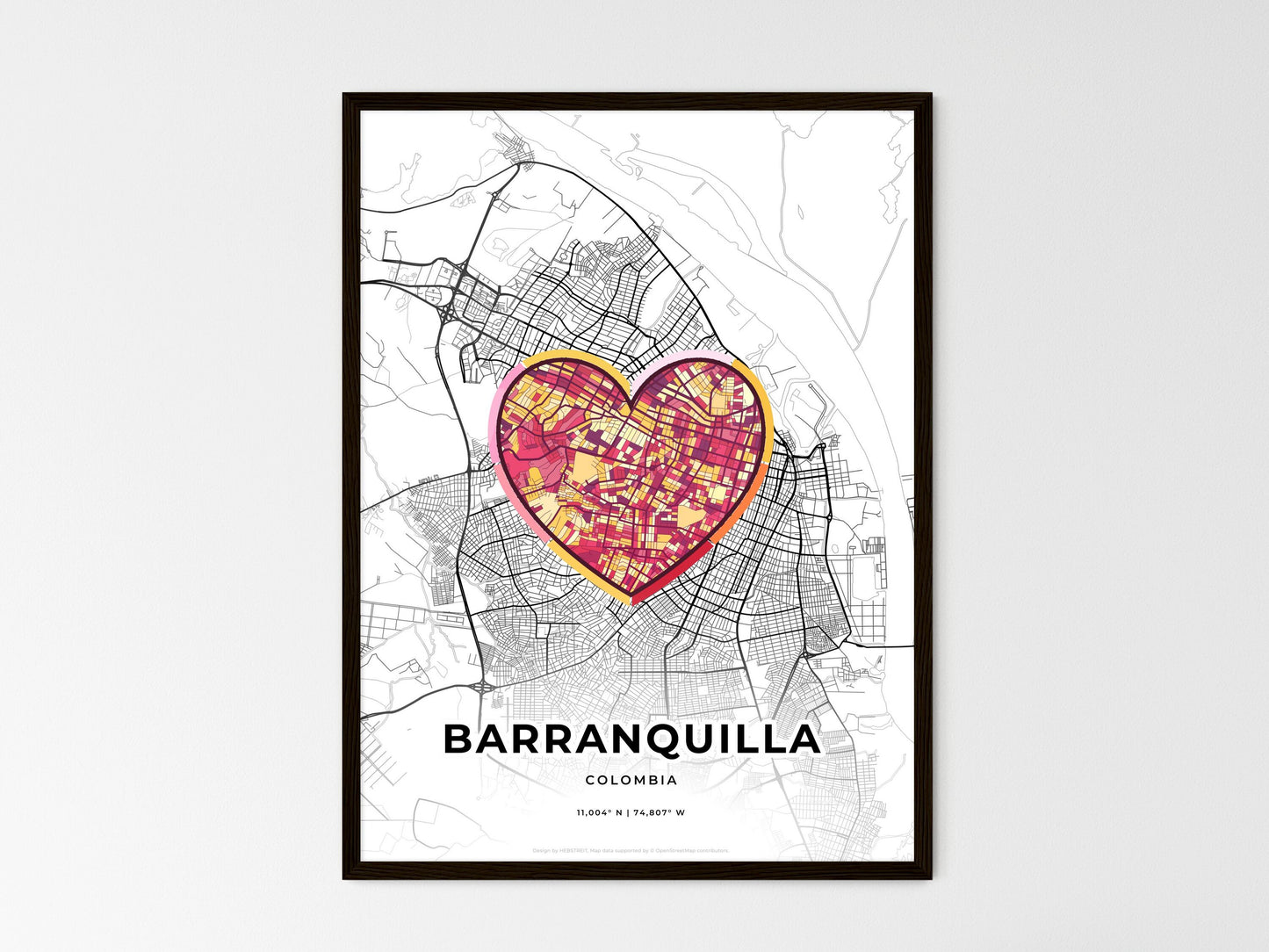 Barranquilla Colombia wedding art map with heart icon