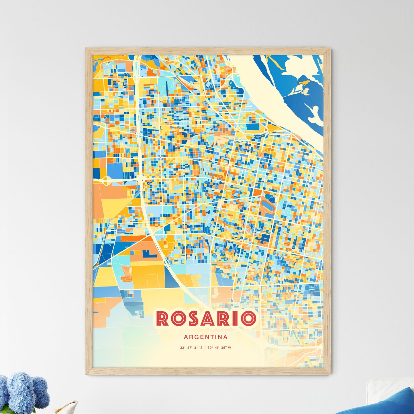 Colorful Rosario Argentina Fine Art Map Blue Orange