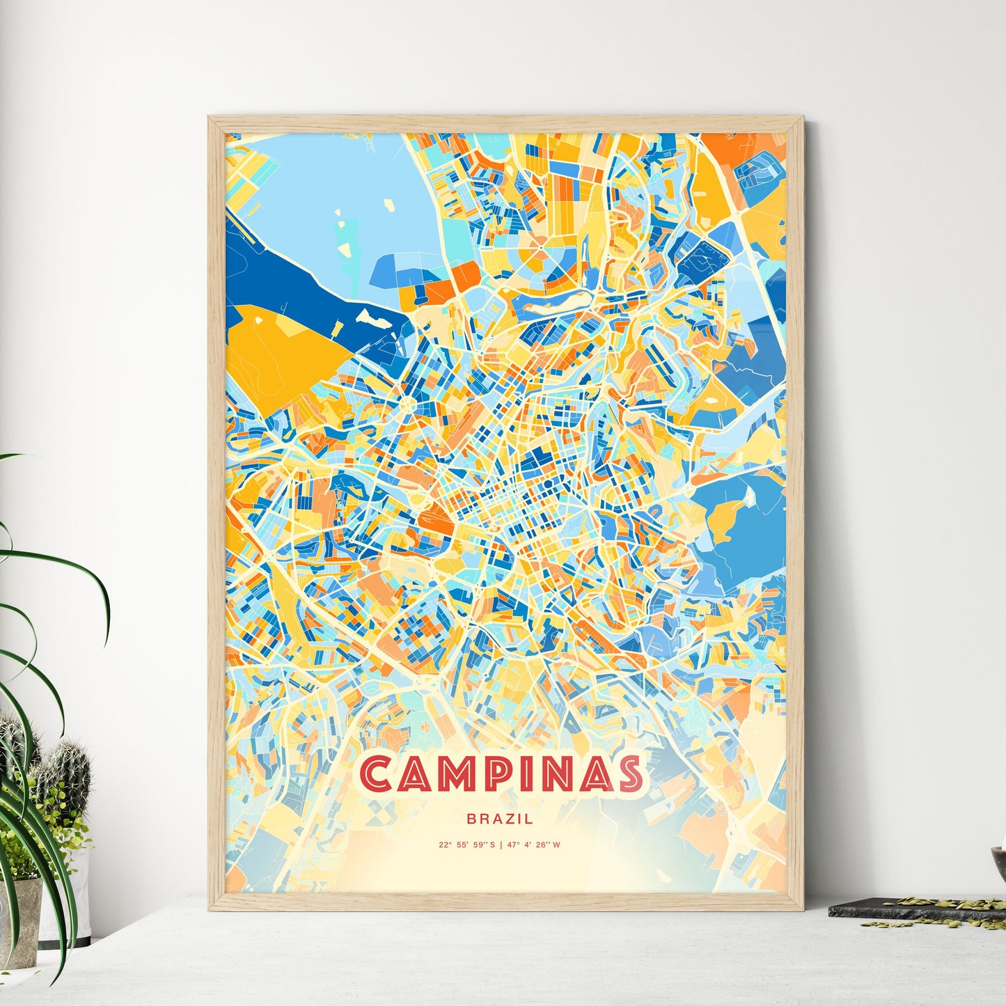 Colorful Campinas Brazil Fine Art Map Blue Orange