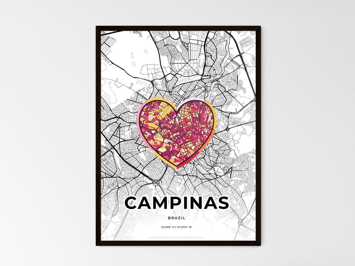 Campinas Brazil wedding art map with heart icon