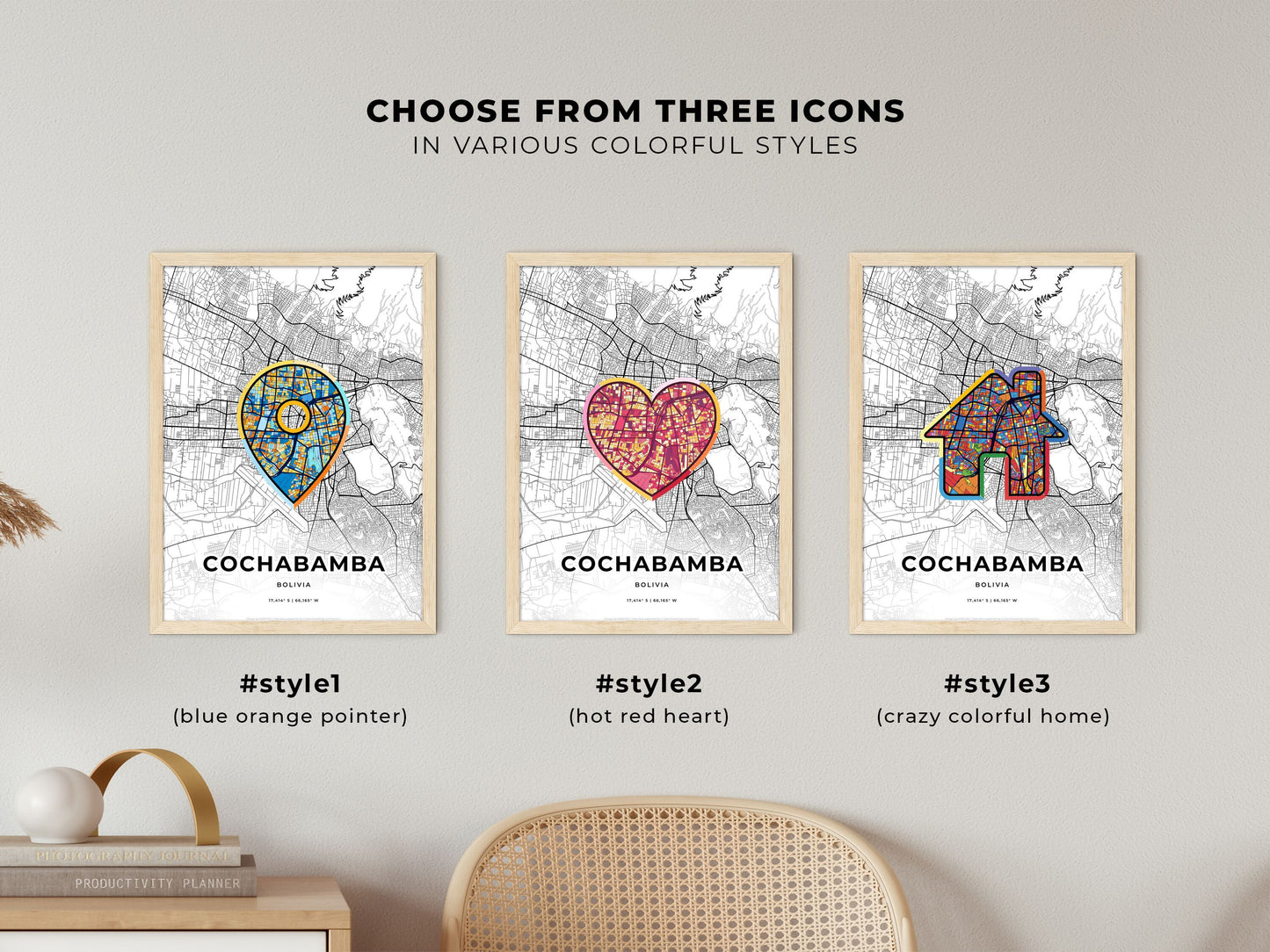 COCHABAMBA BOLIVIA minimal art map with a colorful icon. Where it all began, Couple map gift.