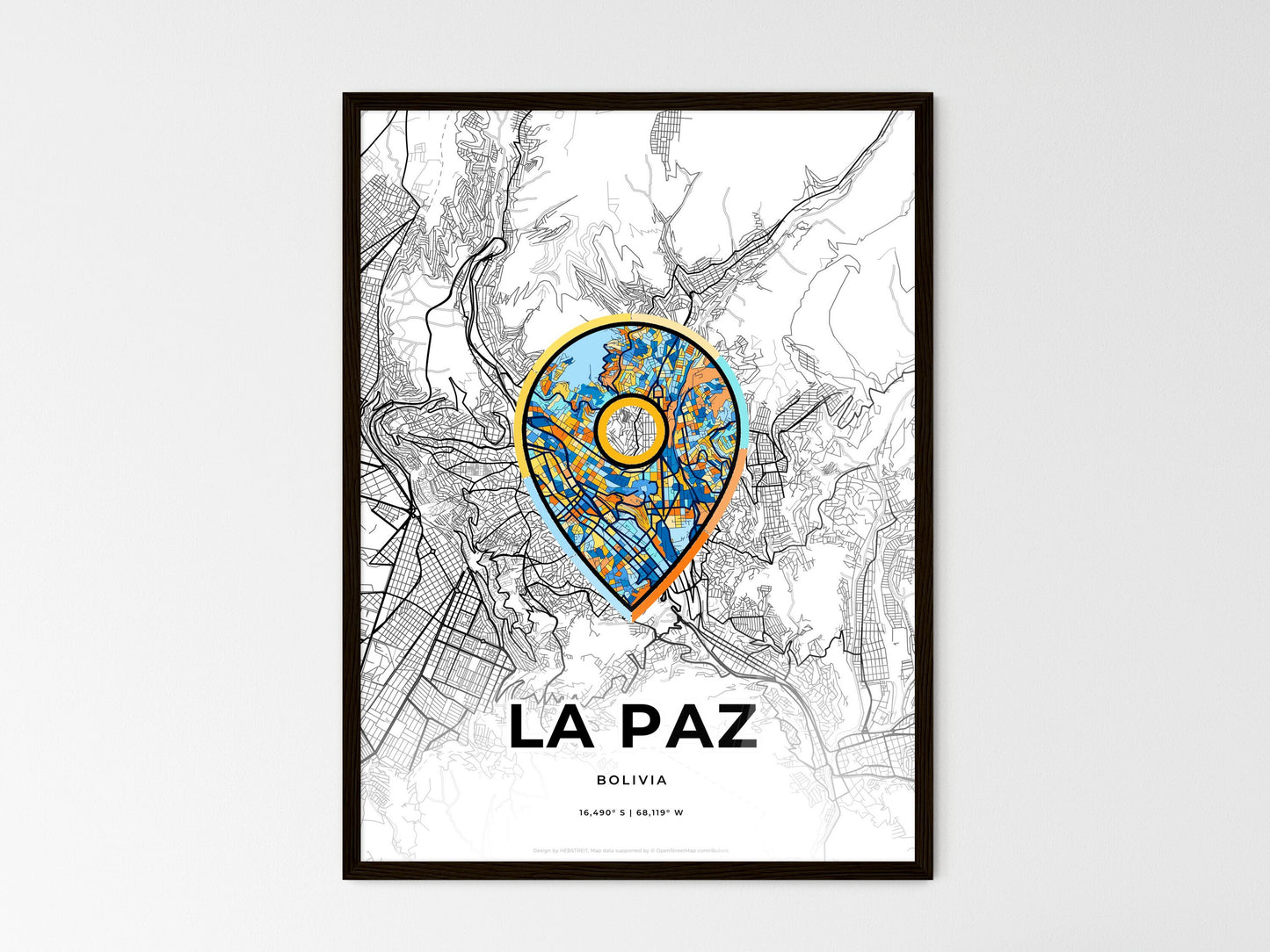 La Paz Bolivia wedding art map with pointer icon